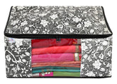 Heart Home Metalic Flower Print 4 Piece Non Woven Fabric Saree Cover Set with Transparent Window, Extra Large (Black)-HHEART16520